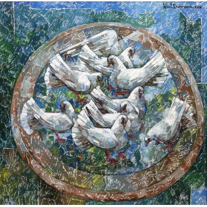 Iqbal Durrani, Feathered Friends, 36 x 36  Inch, Oil on Canvas, Figurative Painting, AC-IQD-079